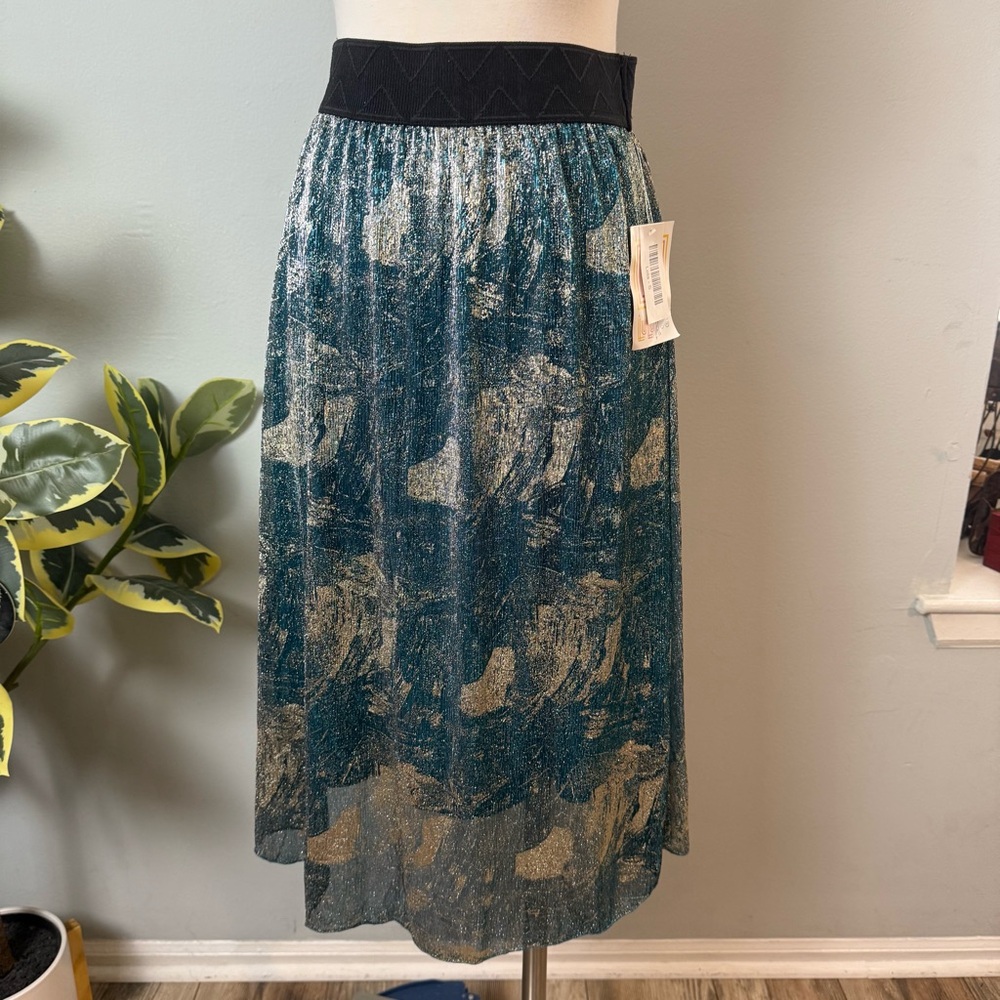 🆕 LuLaRoe Elegant Lola Teal with Gold Brushstrokes Shiny Women's Skirt ~ Small